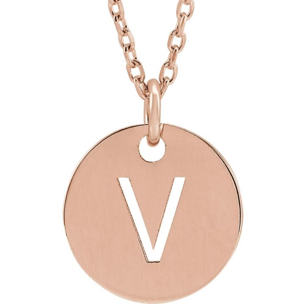 14k Rose Gold Initial V, Small 10mm Pierced Disc Necklace, 16-18 Inch
